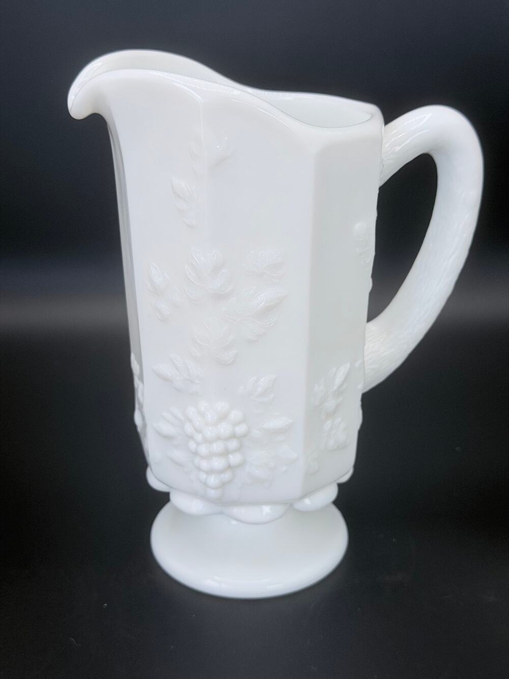 Vintage Westmoreland Paneled Grape Milk Glass Footed Water Pitcher 8.5"
